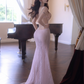 Light pink halter-neck fitted waist bodycon sexy long ball gown R7080