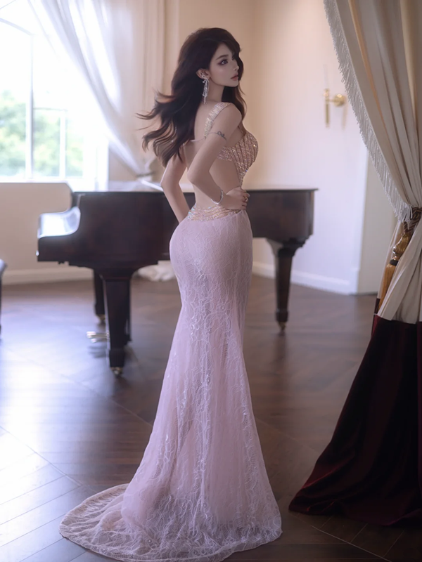 Light pink halter-neck fitted waist bodycon sexy long ball gown R7080