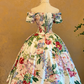 Vintage Printed Off-the-Shoulder Waist-Cinched Elegant Floor-Length Ball Gown R7366