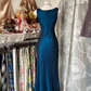 Vintage-style elegant deep peacock blue fitted satin gown, ball gown R6281