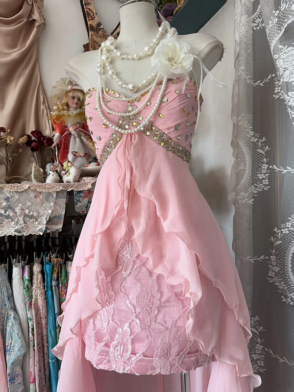 Pink strapless fitted waist cute short dress, prom dress R6321