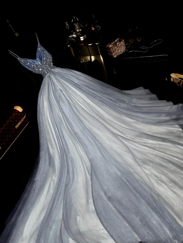 Silver halter-neck rhinestone high-waisted tulle skirt long ball gown R7000