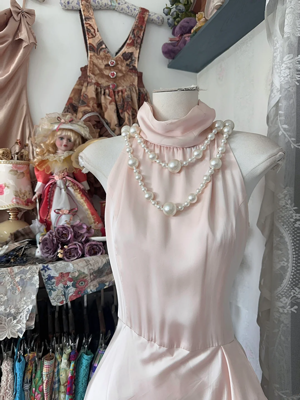 Light pink satin sleeveless waist elegant long ball gown R6161