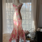 Pink floral print halter-neck fitted bodycon long ball gown R7716