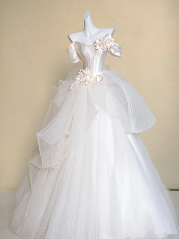 White strapless satin three-dimensional flower puffy tulle skirt long dress bridal gown R5727