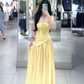 Yellow strapless sexy fitted waist slit long ball gown R7907
