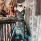 Black-based Blue Printed Waist-Cinched Slim-Fit Midi-Length Ball Gown R7439