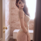 Light pink halter-neck fitted waist bodycon sexy long ball gown R7080