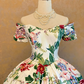 Vintage Printed Off-the-Shoulder Waist-Cinched Elegant Floor-Length Ball Gown R7366