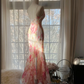 Pink floral print halter-neck fitted bodycon long ball gown R7716