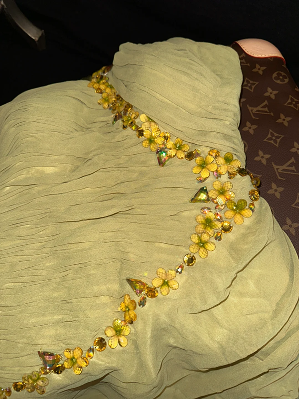 Yellow one-shoulder fitted waist long ball gown with pleats R7039