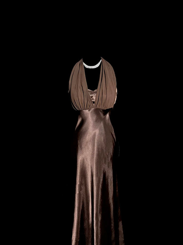 Brown halter-neck satin fitted waist bodycon long ball gown R6681