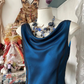 Vintage-style elegant deep peacock blue fitted satin gown, ball gown R6281