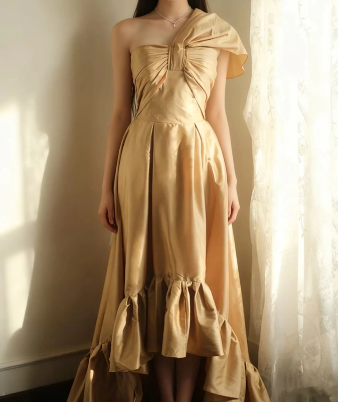 Gold one-shoulder high-waisted sexy long ball gown R6721