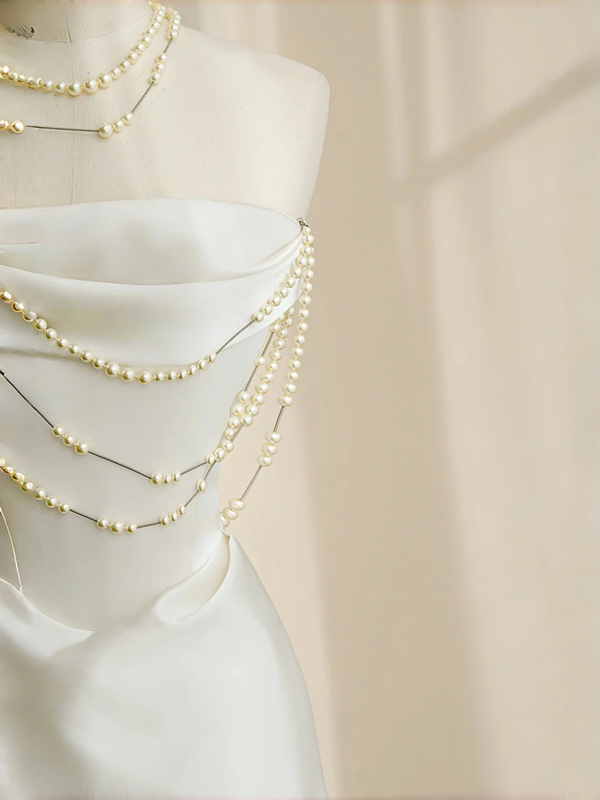 White strapless satin waist slim fit elegant skirt, prom dress R5692