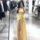 Yellow strapless sexy fitted waist slit long ball gown R7907