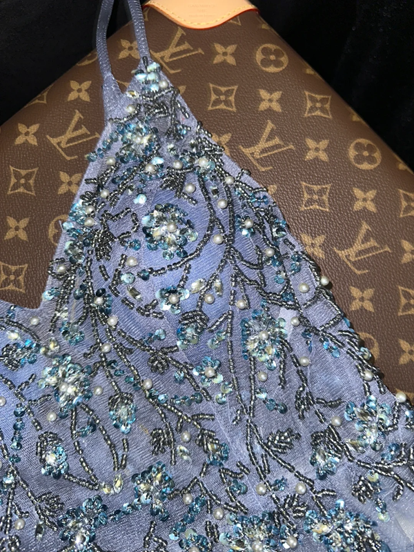 Silver halter-neck rhinestone high-waisted tulle skirt long ball gown R7000