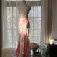 Pink floral print halter-neck fitted bodycon long ball gown R7716