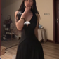 Black Halter Neck Waist-Cinched Fitted Floor-Length Prom Dress R7120