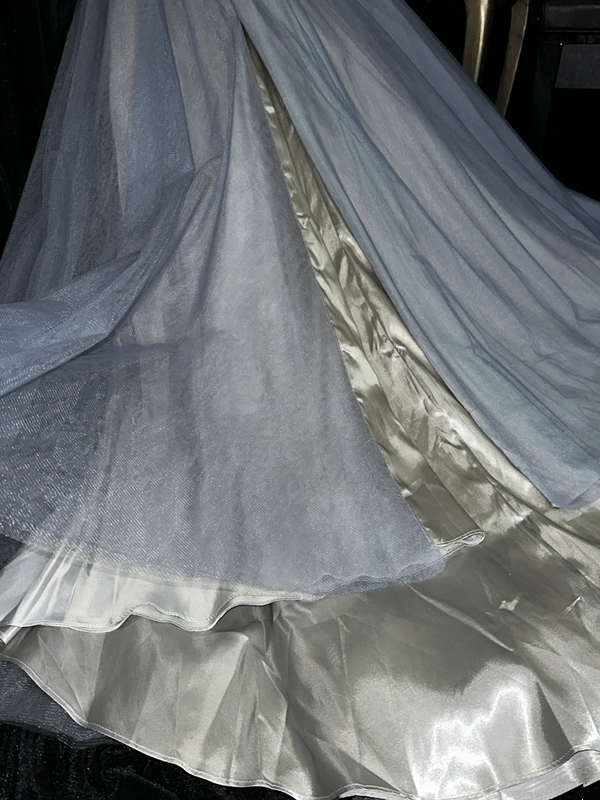 Silver halter-neck rhinestone high-waisted tulle skirt long ball gown R7000