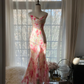 Pink floral print halter-neck fitted bodycon long ball gown R7716