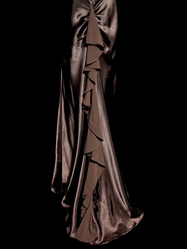 Brown halter-neck satin fitted waist bodycon long ball gown R6681