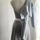 Grey halter-neck, fitted, pleated, elegant long ball gown R6839