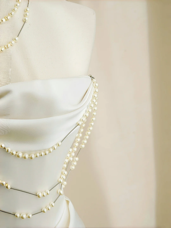 White strapless satin waist slim fit elegant skirt, prom dress R5692