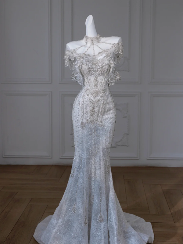 Blue and white diamond waist slimming and hip-wrapped fishtail long dress bridal gown R5843