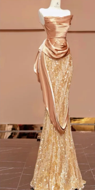 Brown strapless top and gold fishtail long skirt prom dress R6439