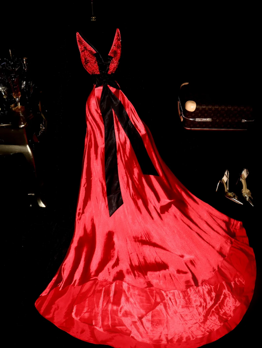 Red sequined halter-neck fitted long ball gown R6401