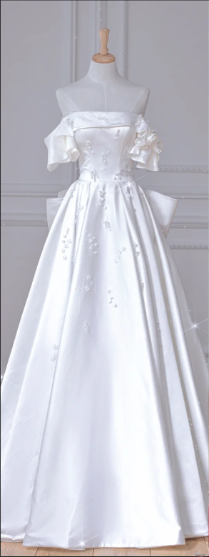 White Satin Off-the-Shoulder Fitted-Waist Slim-Fit A-Line Long Bridal Gown R5920