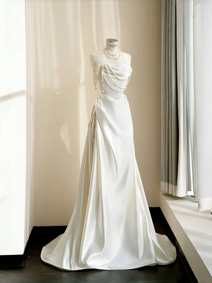 White strapless satin waist slim fit elegant skirt, prom dress R5692