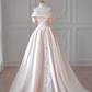 Light pink one-shoulder slim waist satin elegant long dress bridal gown R5881
