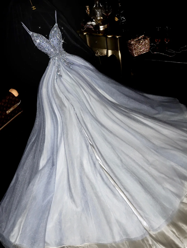 Silver halter-neck rhinestone high-waisted tulle skirt long ball gown R7000