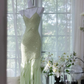 Light green sequined halter-neck fitted bodycon ball gown R6560