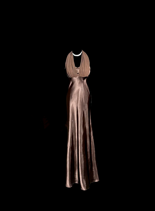 Brown halter-neck satin fitted waist bodycon long ball gown R6681
