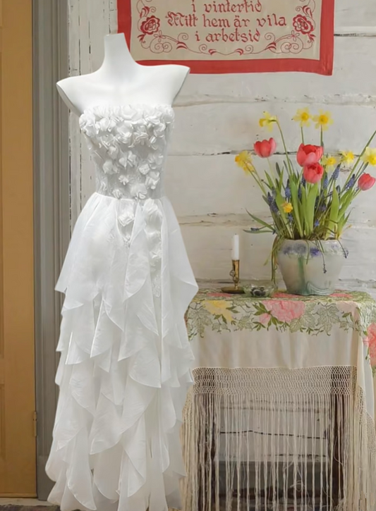 White tube top three-dimensional flower waist slim chiffon long skirt, ball gown R6241