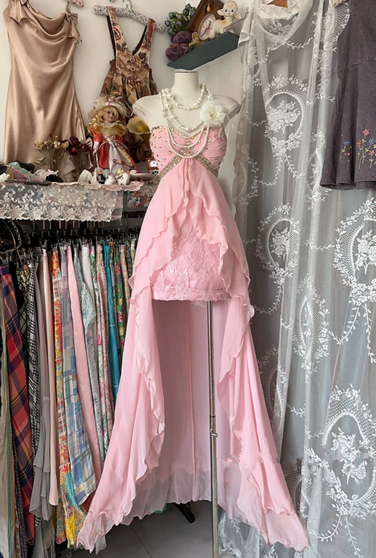 Pink strapless fitted waist cute short dress, prom dress R6321