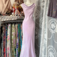 Light purple satin long mermaid ball gown with a slim waist and a round neckline R6202
