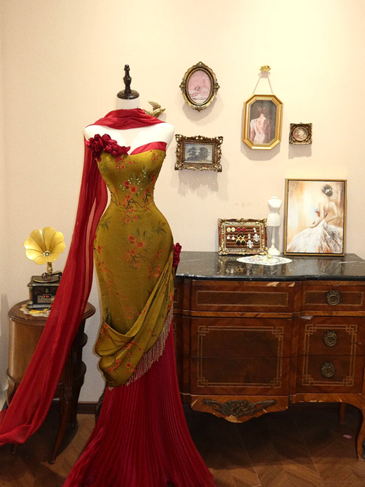 Yellow strapless fitted waist slim hips sexy long wedding dress R6601