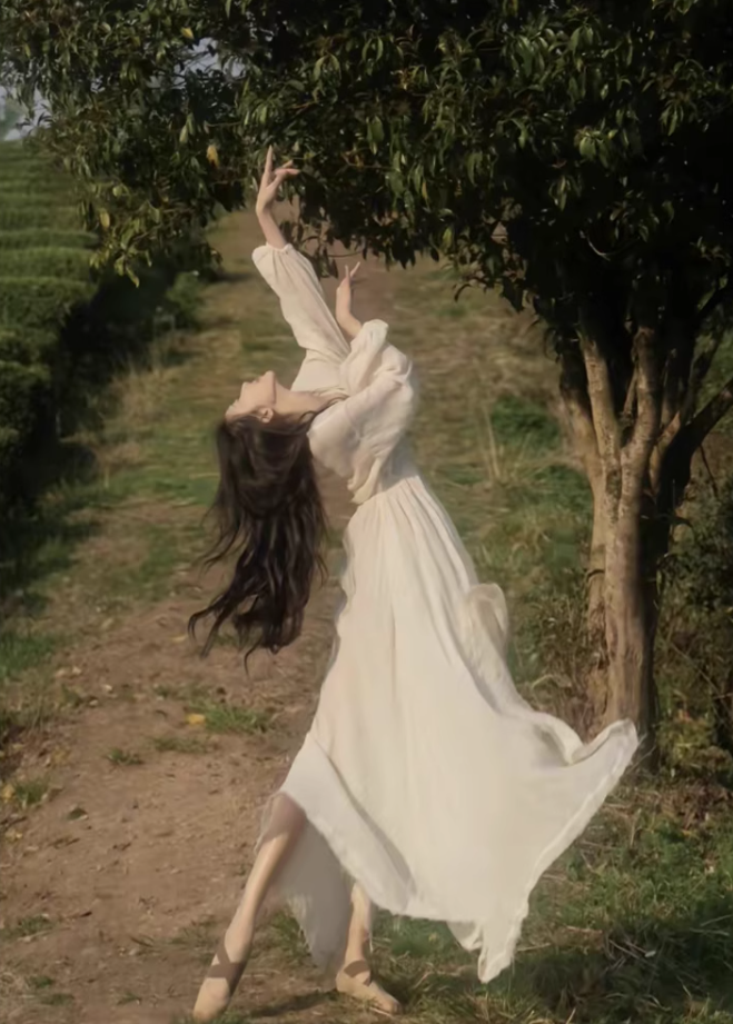 White dress, super fairy temperament chiffon skirt, waist slimming V-neck long sleeve long skirt R1707