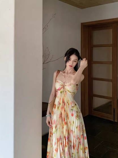 French pure floral halter dress, slimming temperament, long swing dress for seaside holiday R0249