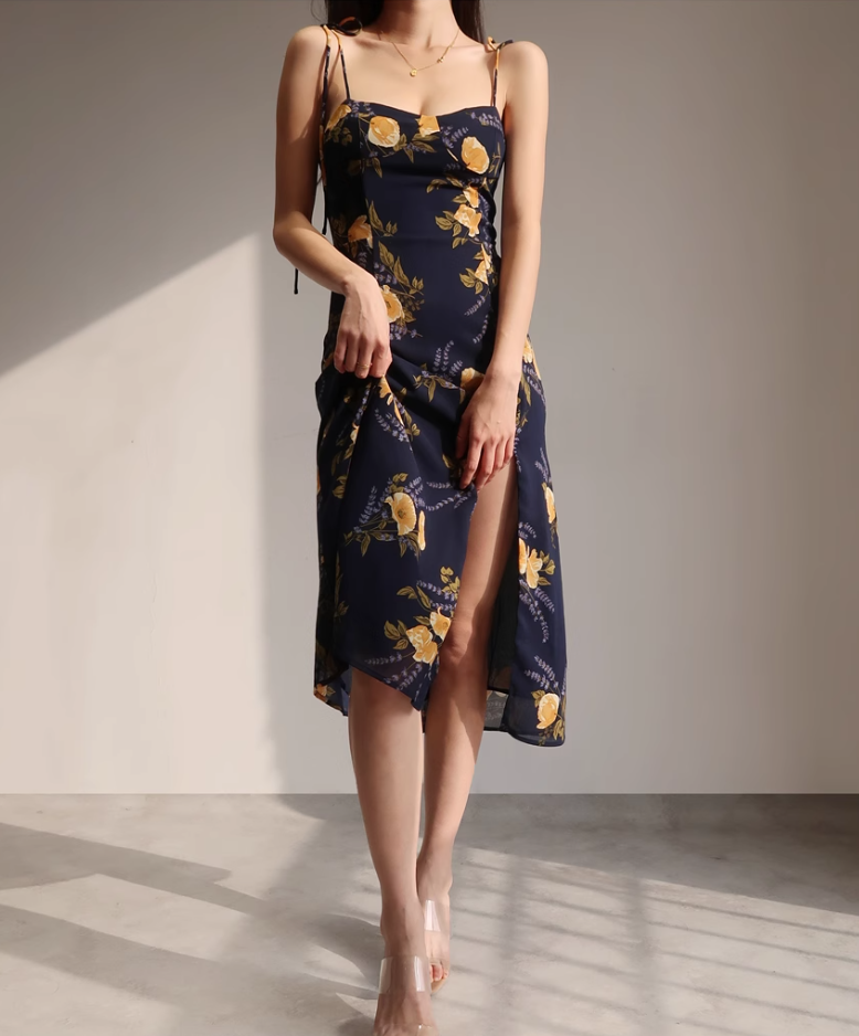 French retro orange floral suspender dress with slim waist and side slit long skirt R2815