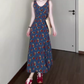 Retro V-neck floral suspender dress high-end waist temperament long skirt R0772
