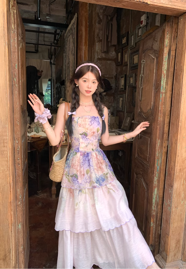 Long purple waist-length neckline suspender dress summer French retro temperament slim skirt R4780