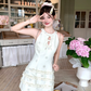 Solid color halter neck sleeveless waist dress for women summer French temperament retro skirt R4747