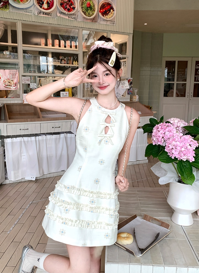 Solid color halter neck sleeveless waist dress for women summer French temperament retro skirt R4747