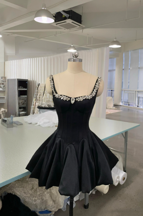 Minimalist Black Beaded A-Line Spaghetti Straps Corset Mini Prom Dress Homecoming Dress RS437