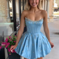 Blue tube top slim waist A-line short skirt homecoming dress R5491